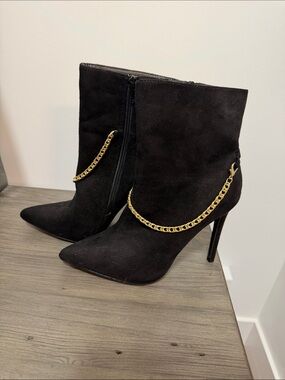 Black Suede Stiletto Ankle Boots with Gold Chain Detail